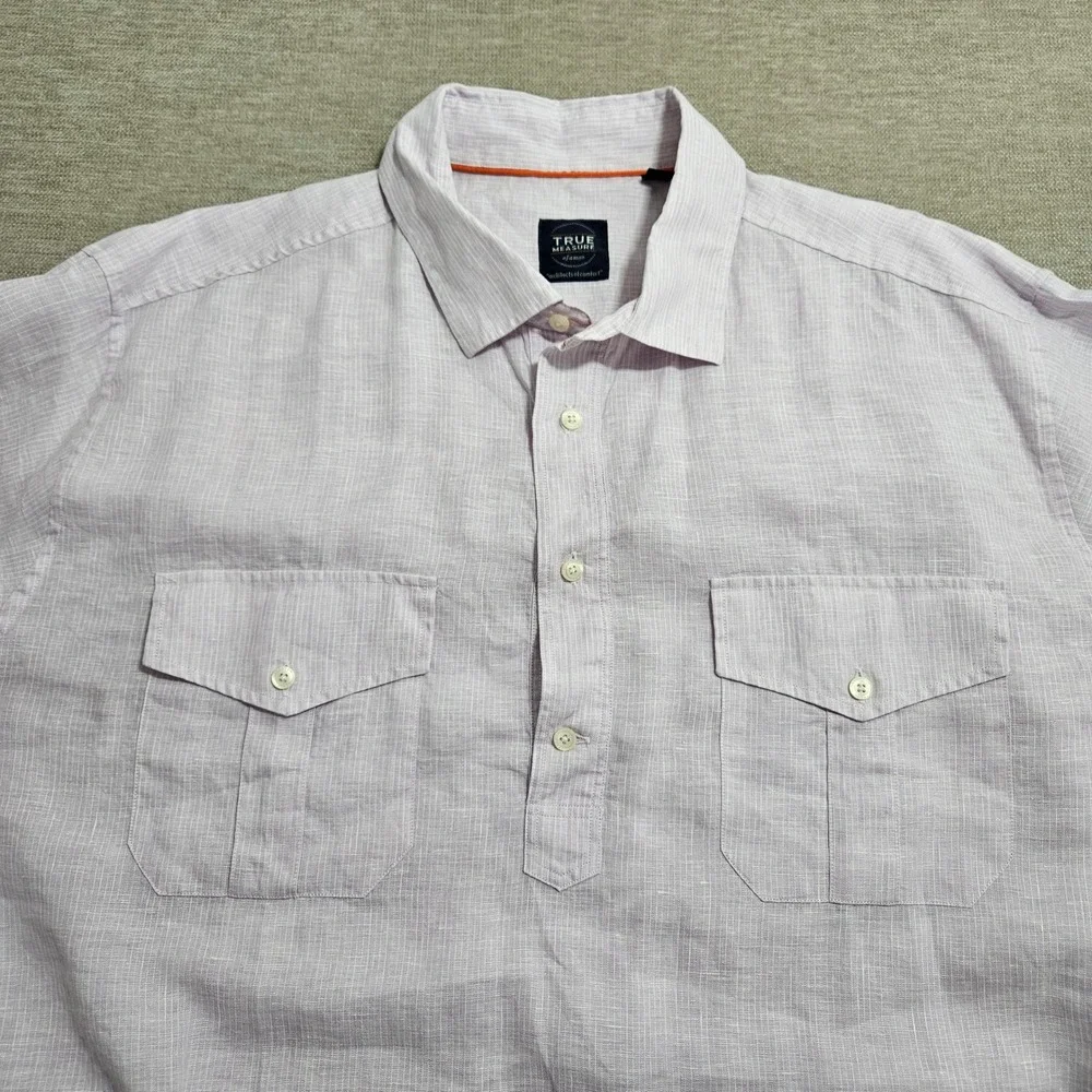 True Measure Popover Shirt XXL Light Purple Striped Linen Long Sleeve